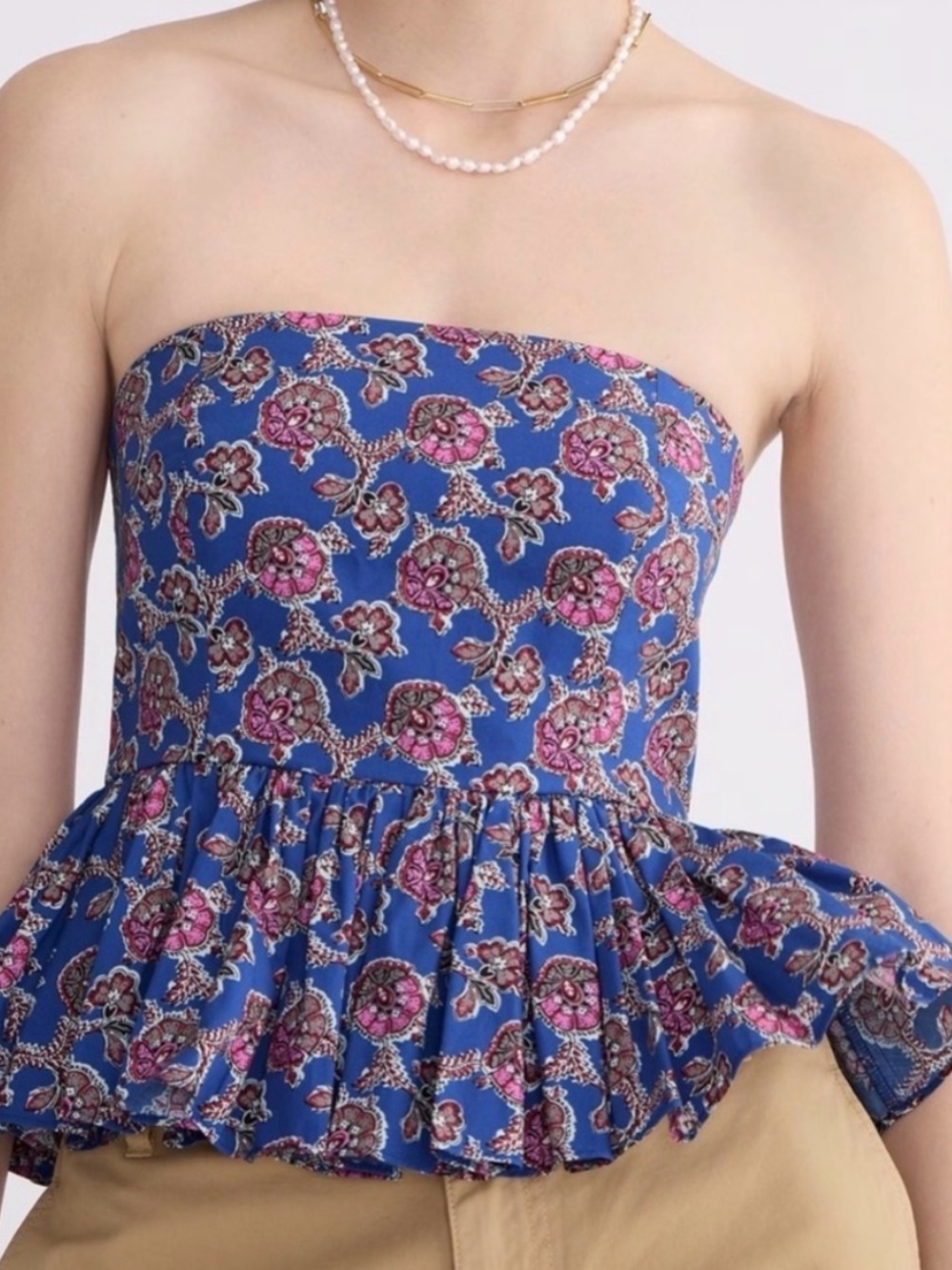 J. Crew Collection 100% Cotton Blue Floral Strapless Peplum Top Size 0